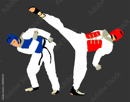 Fight between two taekwondo fighters vector illustration isolated. Sparring on training action. Self defense, defence art exercising concept. Warriors in the martial arts battle. Combat competition.