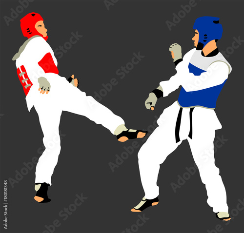 Fight between two taekwondo fighters vector illustration isolated. Sparring on training action. Self defense, defence art exercising concept. Warriors in the martial arts battle. Combat competition.