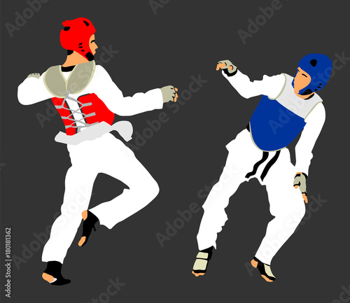 Fight between two taekwondo fighters vector illustration isolated. Sparring on training action. Self defense, defence art exercising concept. Warriors in the martial arts battle. Combat competition.