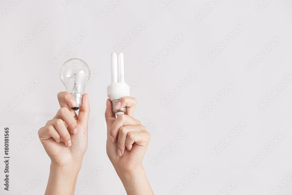 Hands holding traditional and energy efficient light bulbs Hands holding traditional and energy efficient light bulbs