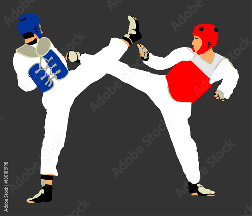 Fight between two taekwondo fighters vector illustration isolated. Sparring on training action. Self defense, defence art exercising concept. Warriors in the martial arts battle. Combat competition.