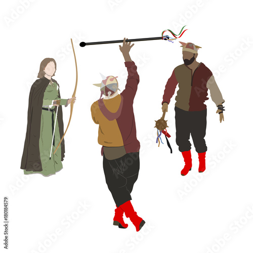 Cartoon group of buffoons  on an ethnographic holiday in front of a white background