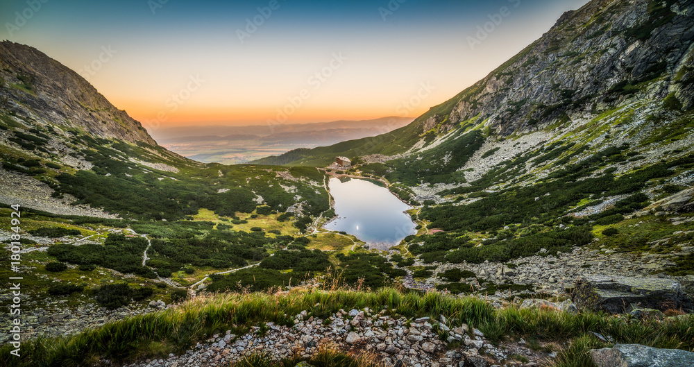 Mountain Lake at Sunset. Velicka Valley, High Tatras, Slovakia.