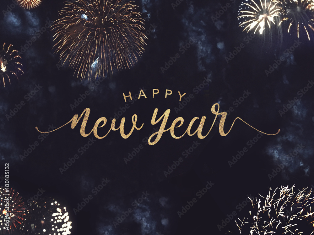 Happy New Year Celebration Text with Festive Gold Fireworks Collage in Night Sky - obrazy, fototapety, plakaty 