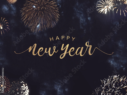 Happy New Year Celebration Text with Festive Gold Fireworks Collage in Night Sky photo