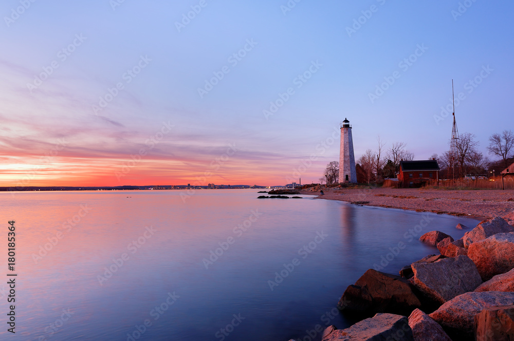New Haven Light House at Lighthouse Point Park At Sunset. The ...