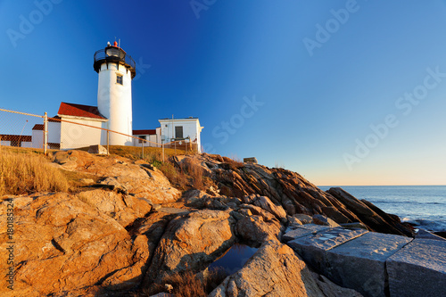 Beautiful sunset of Eastern Point Lighthouse at Gloucester, Massachusetts, USA. The Lighthouse is One of Five iconic lighthouses along the Cape Ann coastline.