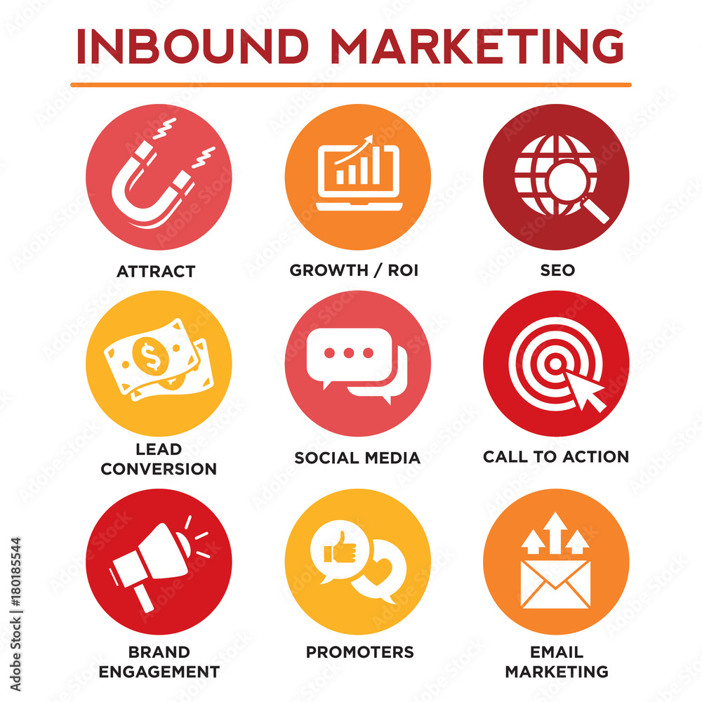 Inbound Marketing Vector Icons with CTA, Growth, SEO, etc