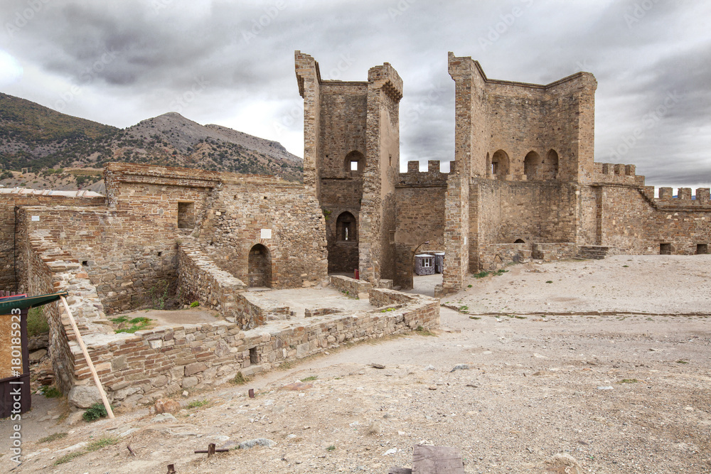 October 16, 2017: Tourists visits Towers and walls of The Genoese Fortress in Sudak, Museum-reserve Sudak fortress , Crimea