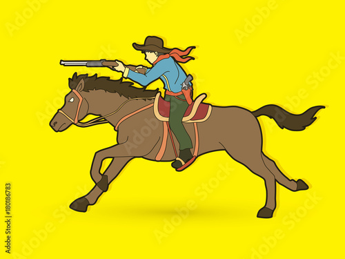 Cowboy riding horse, aiming rifle graphic vector. © sila5775