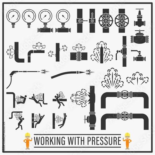 Working with pressure vector icons and symbols design, Set of signs and symbols of high pressure equipments and hazards