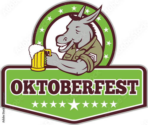 Retro style illustration of a donkey beer drinker wearing a sargeant military uniform holding a mug of beer ale set inside circle with words Oktoberfest on isolated background.