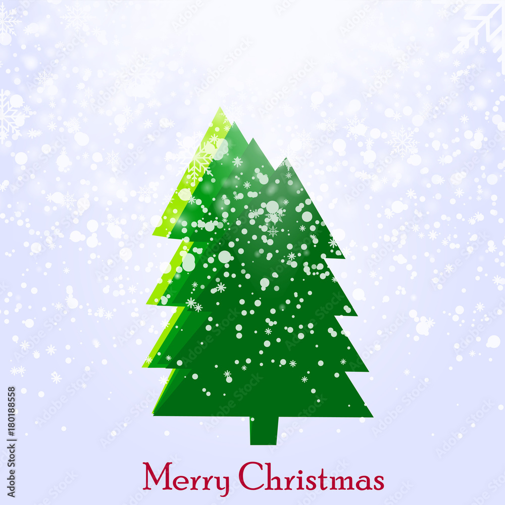 Christmas greeting card. Yellow christmas tree with snow background. Vector