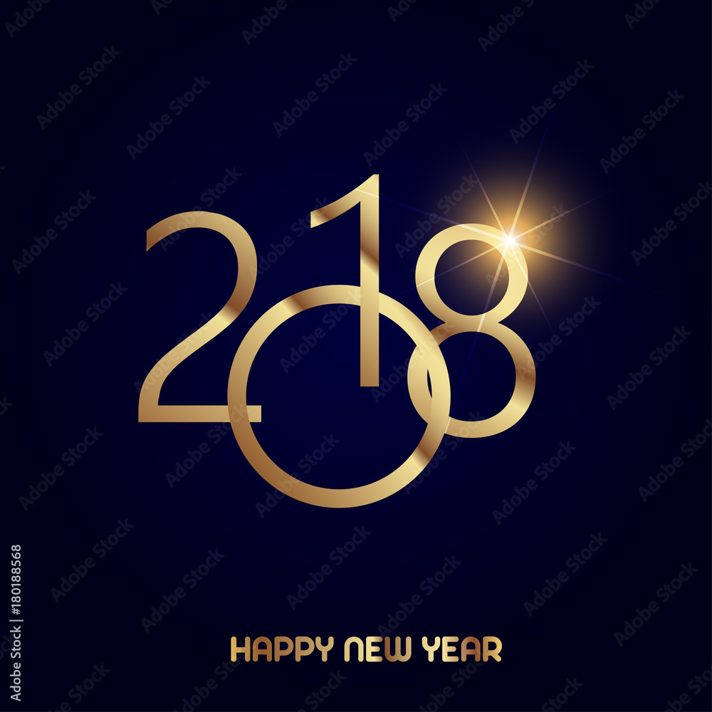 Happy New Year greeting card with shining gold text on black background. 2018 Vector