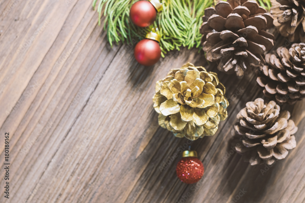 Pine cones ,Christmas party accessories on wooden table