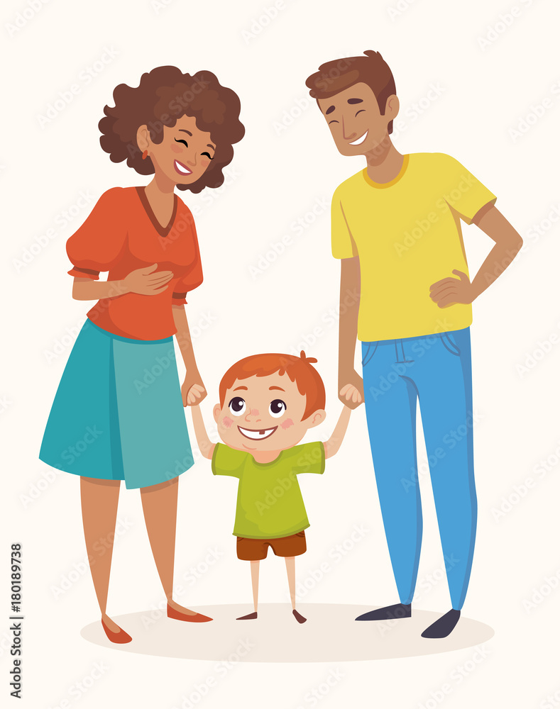 Happy family. Little redhead adopted boy holding hands with parents. People are laughing. Vector illustration.