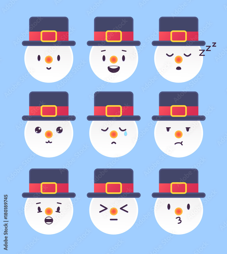 Set of nine winter emoticon. Snowman emoji. Vector illustration. Stock