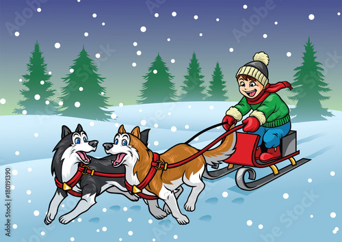 Happy boy riding sleigh with his huskies dog