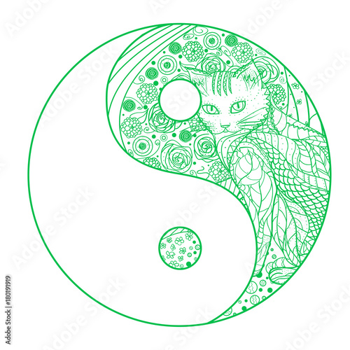 Yin and Yang. Zentangle. Hand drawn mandala on isolation background. Design for spiritual relaxation for adults. Line art creation. Line art creation. Outline for tattoo, printing on t-shirts, posters