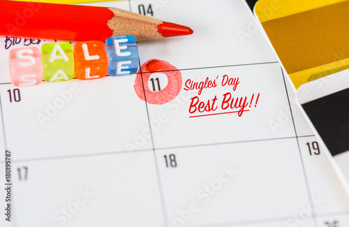 11.11 Chinese single day sale concept on calendar with credit cards.