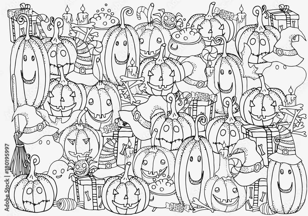 Pattern for coloring book. Set of Halloween symbols pumpkin, broom, bat, spider webs. Hand-drawn decorative elements in vector. Black and white pattern. Zentangle.