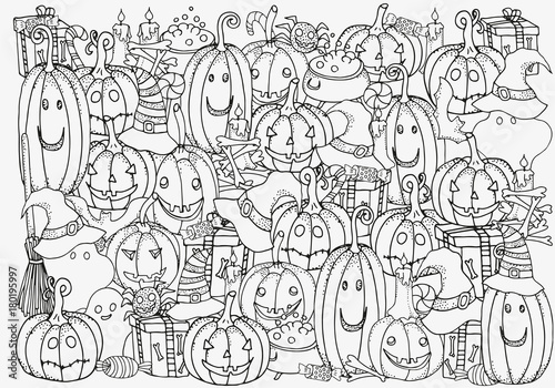 Pattern for coloring book. Set of Halloween symbols pumpkin, broom, bat, spider webs. Hand-drawn decorative elements in vector. Black and white pattern. Zentangle.