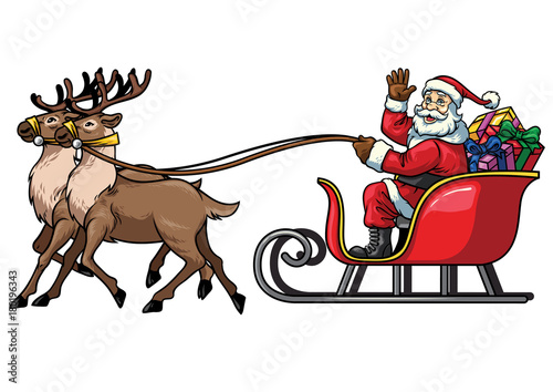 santa ride sleigh with reindeer in the white background