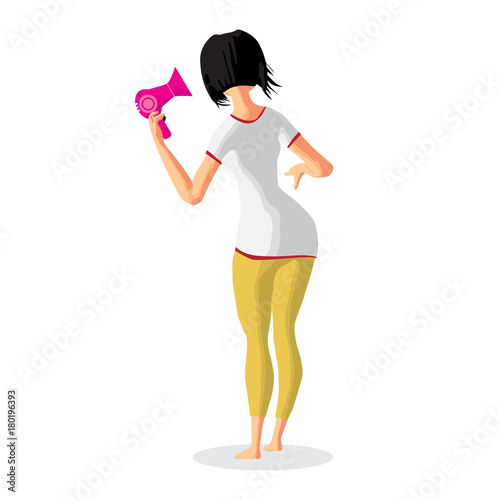 Woman drying her hair with hairdryer. Girl uses a blowdryer. Back view. Flat cartoon vector illustration
