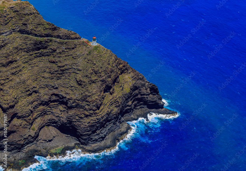 Aerial view of Makapuʻu Point Lighthouse in Honolulu Hawaii