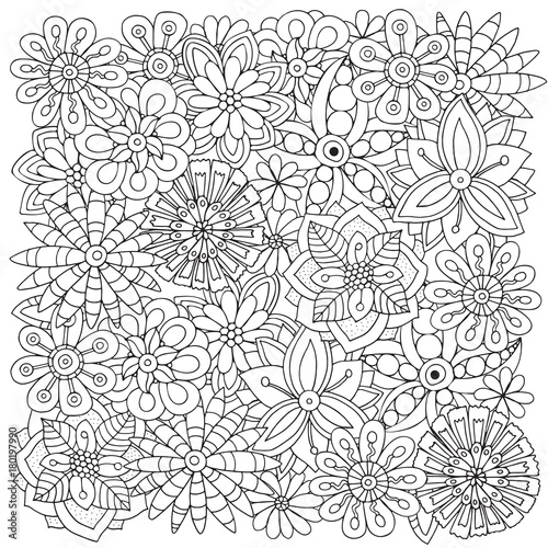 Pattern for adult coloring book. Flowers. Ethnic, floral, retro, doodle, vector, tribal design element. Black and white background.
