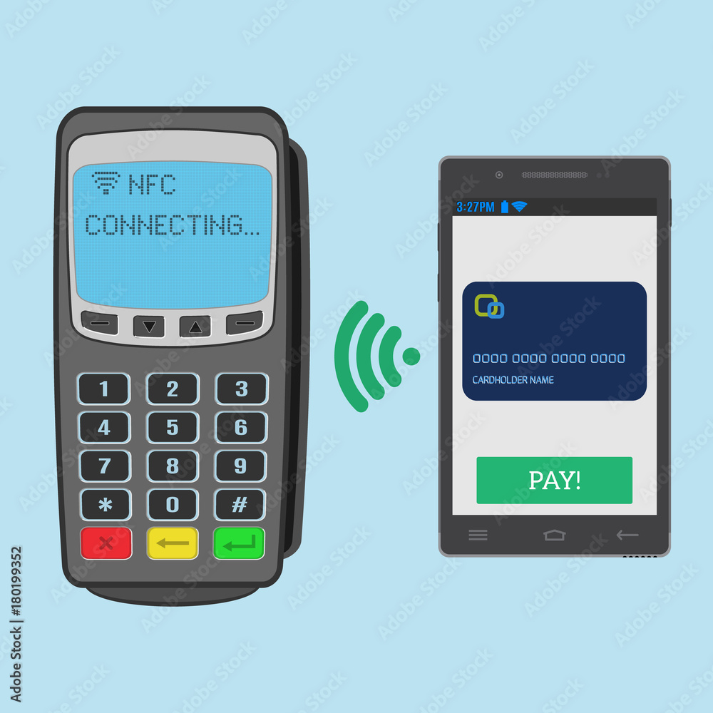 Wireless payment with nfc technology using a smartphone. Pos terminal is waiting for connect to nfc smartphone. Wireless payment with nfc technology using a smartphone. Pos terminal is waiting for connect to nfc smartphone.
