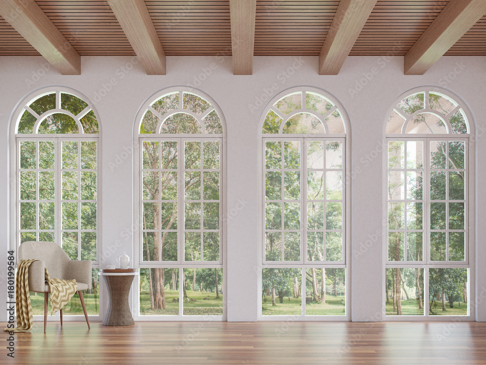 Scandinavian living room 3d rendering image.The Rooms have wooden floors and ceilings with white walls .There are arch shape window overlooking to the nature. - obrazy, fototapety, plakaty 