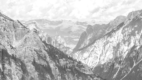 Rocky Dolomites between Austrian and Italian Alps black and white