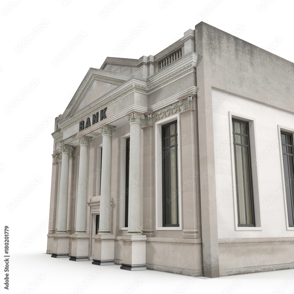 Bank building with columns on white. 3D illustration