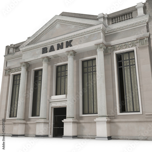 Bank building with columns on white. 3D illustration