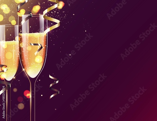Two glasses of champagne on sparkling holiday background. Happy new year festive background. Vector illustration