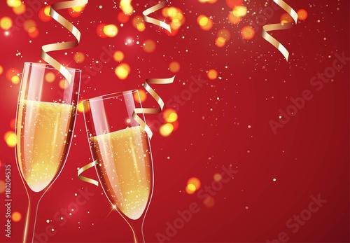 Two glasses of champagne on sparkling holiday background. Happy new year festive background. Vector illustration