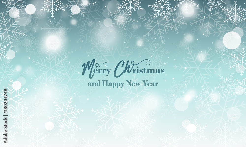 Merry Christmas and Happy New Year wishes. Blurred vector background with snowflakes and glowing elements.