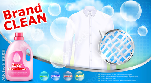 Vector realistic banner with detergent stain remover in pink plastic bottle on blue background with white shirt soap bubbles and close-up of fiber structure. Mockup package design laundry detergent ad