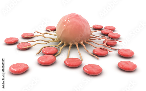 3d rendered cancer cell and blood cells isolated on white background photo