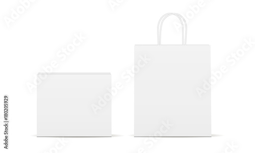 White package, rectangular box and bag with handles - front view. Blank isolated packaging mockups for design or branding. Vector illustration