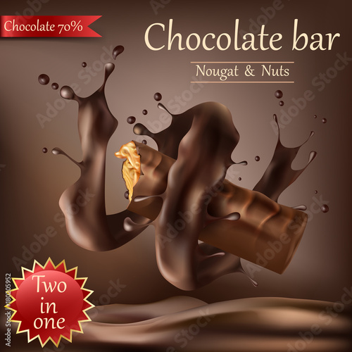 Vector realistic sweet chocolate bar with nougat, nuts and caramel wrapped in spiral melted chocolate isolated on brown. Chocolate bar ads, packaging design element, advertising poster template