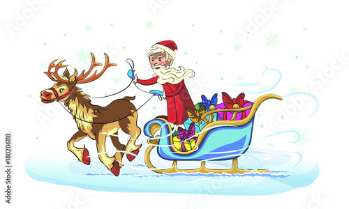 New Year greeting card with cartoon Father Frost and Snow Maiden. Winter holiday Xmas postcard with Ded Moroz and Snegurochka.  the frost rides on the sleigh