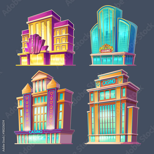 Set of vector cartoon badges, stickers, tags of modern and retro casino buildings. Icons for mobile applications with games of chance, advertising banners for gambling business in a vintage style.