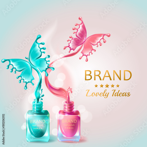 Vector realistic 3d cosmetic background, open bottles with nail polish with splashes in form of butterflies. Mock up, template packaging design with brand information, promo poster for nail lacquer