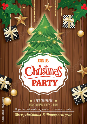 Merry christmas party and tree on wooden background invitation theme concept. Happy holiday greeting banner and card design template.