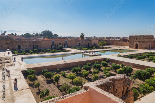 Top view of El Badi Palace and gardens, built in 16th century, Marrakech, Morocco