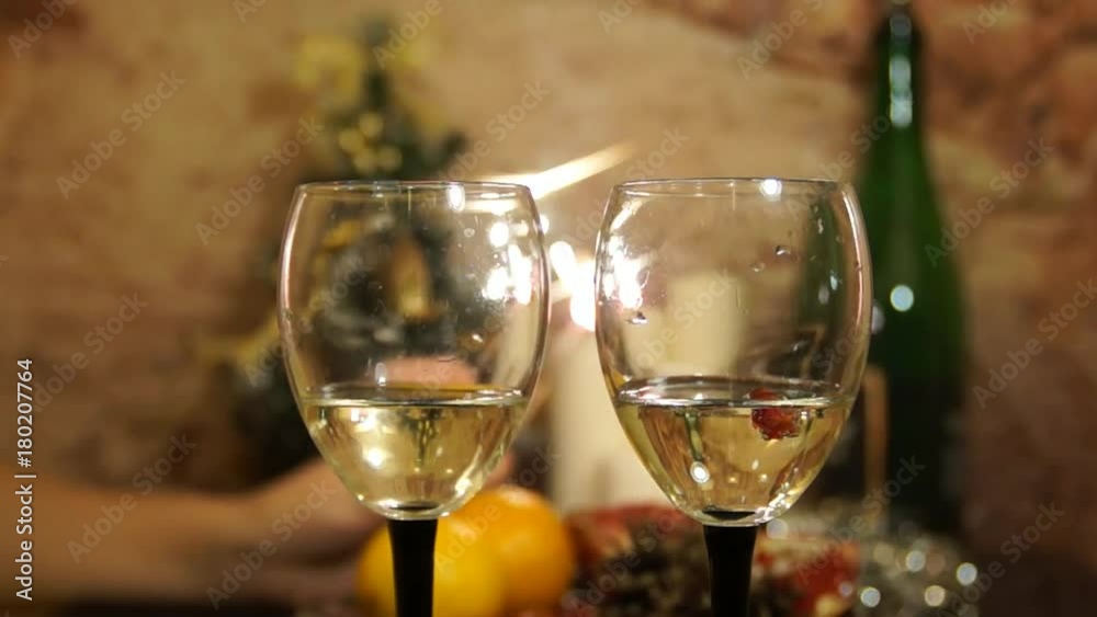 Sparkler. Christmas dinner. New Year 2018 decorations. Champagne