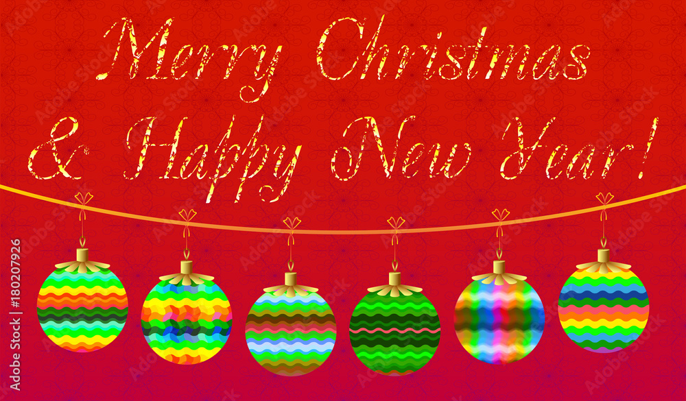 Decorative colored Christmas card with Christmas balls on a red background, which can used as a template for design 