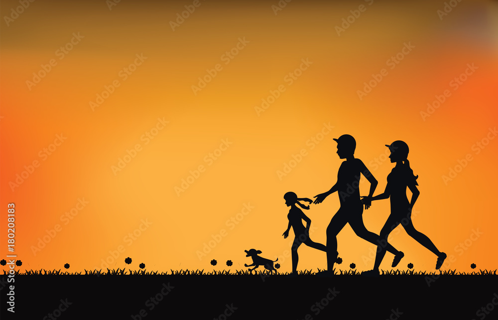 Silhouette of family exercising and jogging together at the park with beautiful sky at sunset.